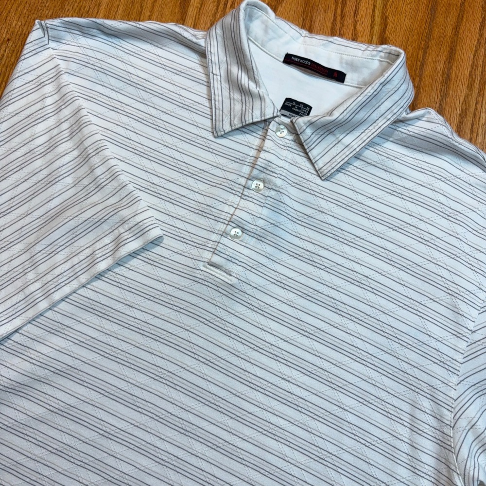 Nike Tiger Woods Collection Polo Mens XL White Grey Striped FIT DRY Golf Shirt